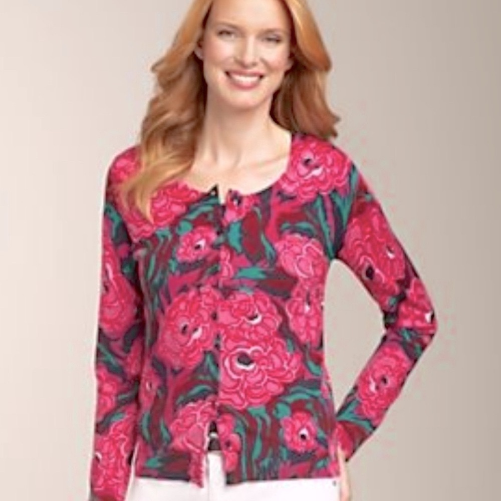 Talbots Vivid Colorful Pink/Green Floral Knit Crewneck Cardigan Sz Petite Large